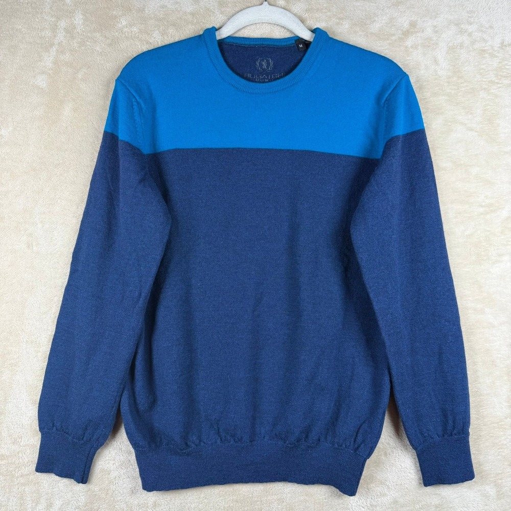 Bugatchi Uomo Mens Blue Colorblock 100% Merino Wool Crewneck Sweater M Italy‎